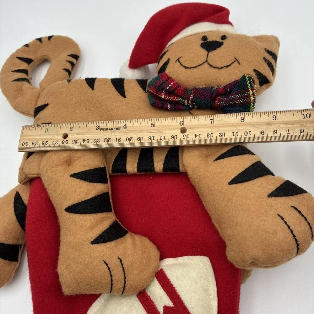 Christmas Cat Stocking Red Felt Orange Tabby Plaid Bow Tie Meow Fish 20 inch
